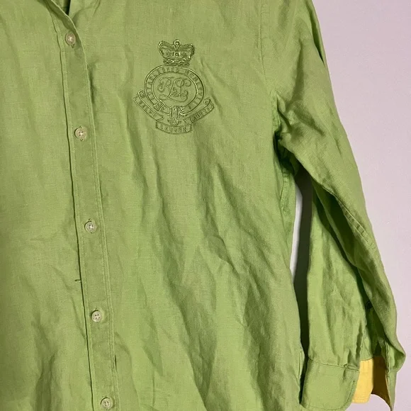 Lauren Ralph Lauren 100% linen logo button down shirt, flip sleeve, small - Picture 3 of 5